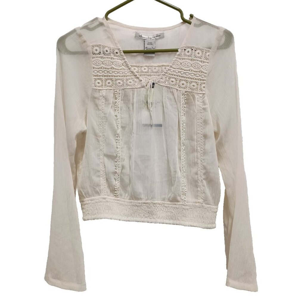 American Rag Cie Womens Fairy BOHO‎ Crop Top Medium Beige Sheer Crochet NWT